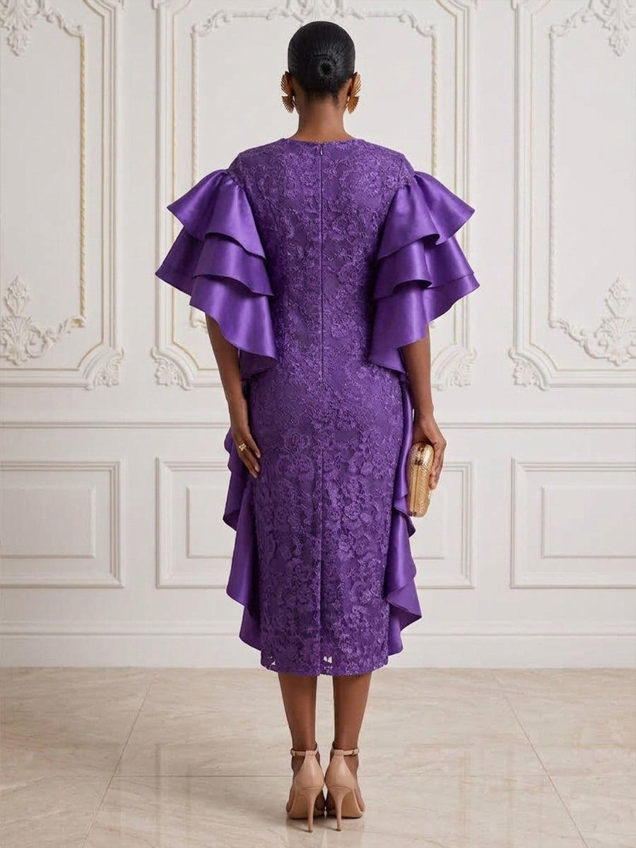 Lace Appliques Sheath Round Neck Ankle Length Ruffles Cocktail Dresses