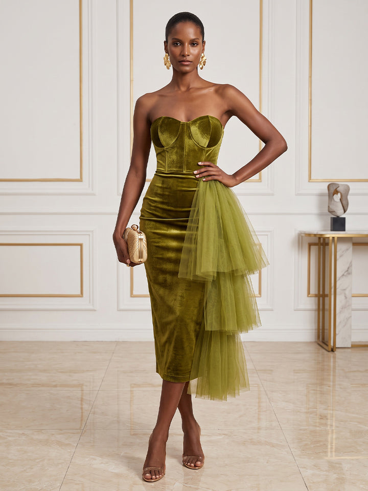 Velvet Sheath Strapless Tea Length Tiered Cocktail Dresses
