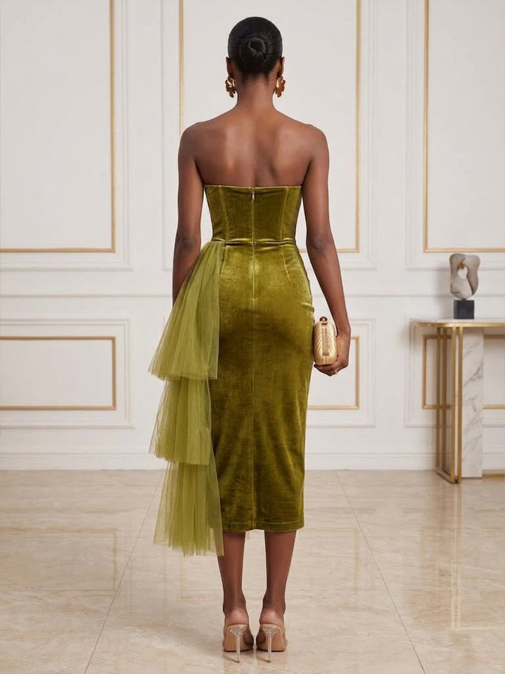 Velvet Sheath Strapless Tea Length Tiered Cocktail Dresses