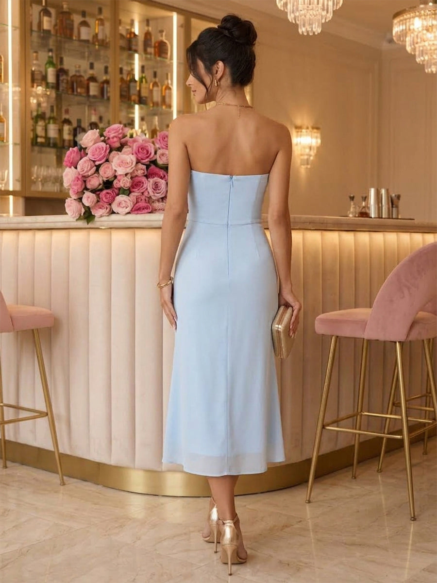Satin Sheath Strapless Tea Length Floral Cocktail Dresses