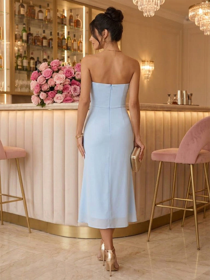 Satin Sheath Strapless Tea Length Floral Cocktail Dresses