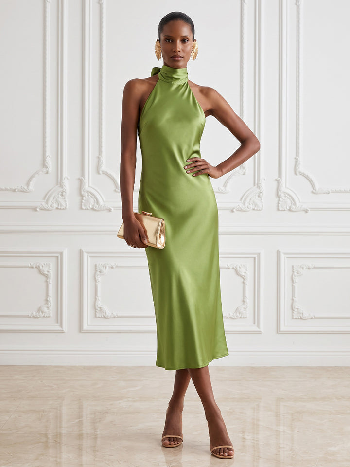 Satin Sheath Halter Tea Length Simple Cocktail Dresses