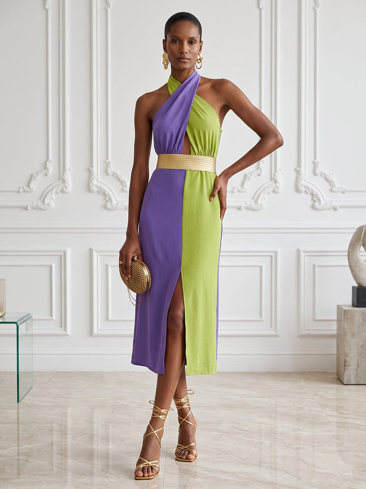 Satin Sheath Halter Tea Length Simple Cocktail Dresses