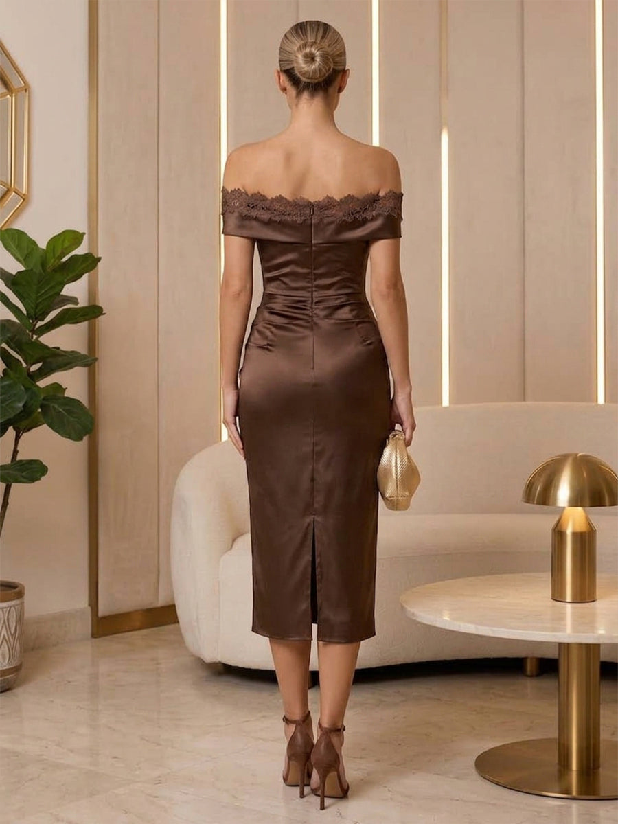 Satin Sheath Strapless Tea Length Simple Cocktail Dresses