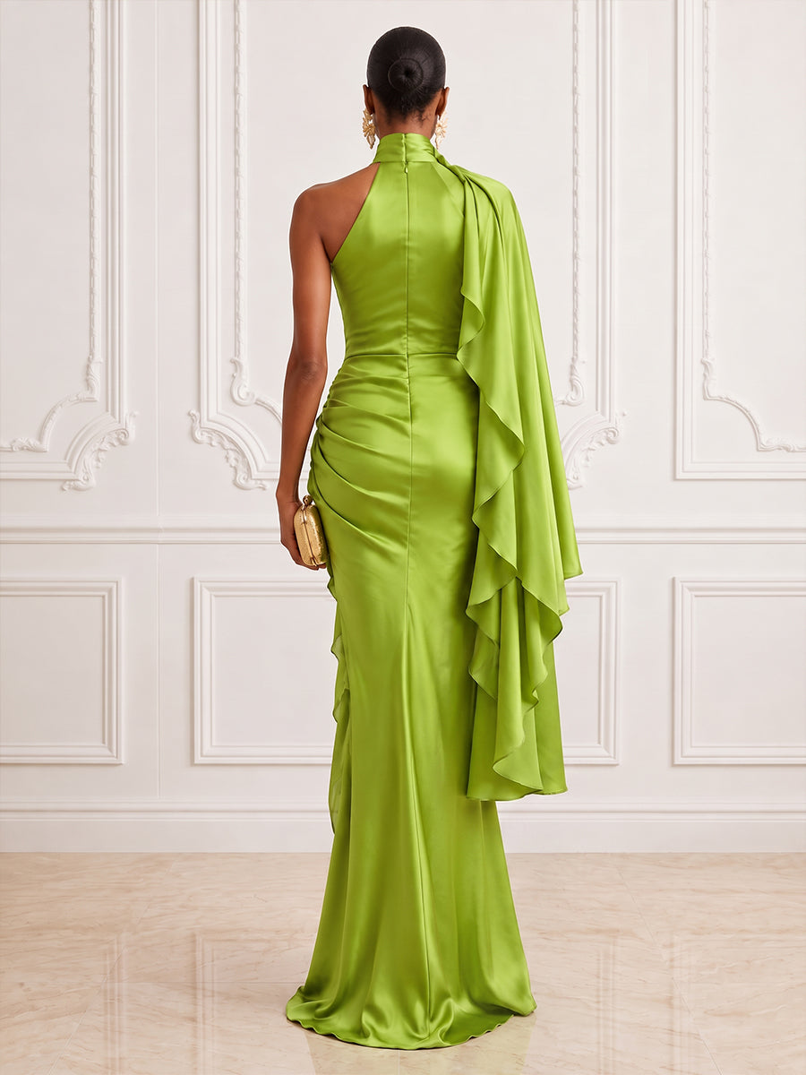 Satin Sheath Halter Ankle Length Ruched Cocktail Dresses