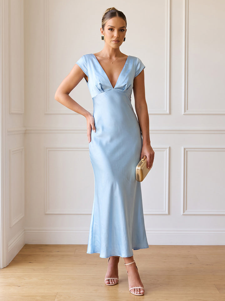 Satin Sheath V Neck Ankle Length High Waist Cocktail Dresses