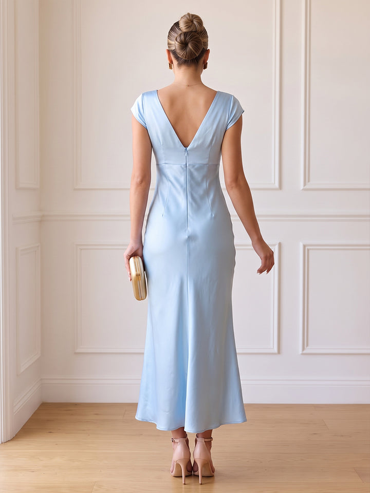 Satin Sheath V Neck Ankle Length High Waist Cocktail Dresses
