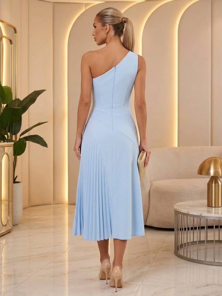 Chiffon Sheath One Shoulder Tea Length Pleats Cocktail Dresses
