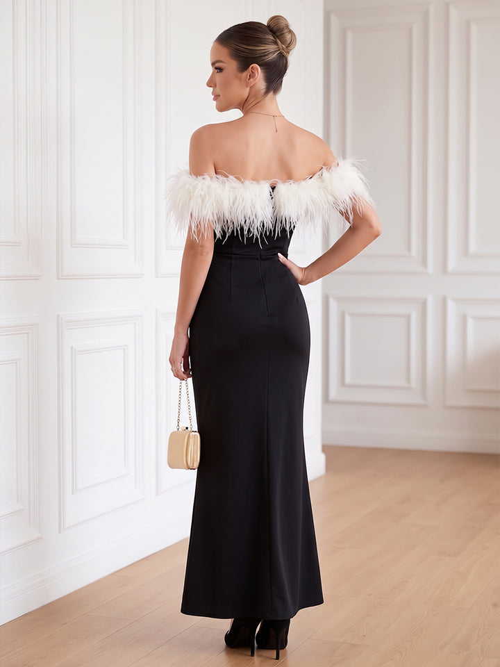 Satin Sheath Off the Shoulder Ankle Length Feather Cocktail Dresses