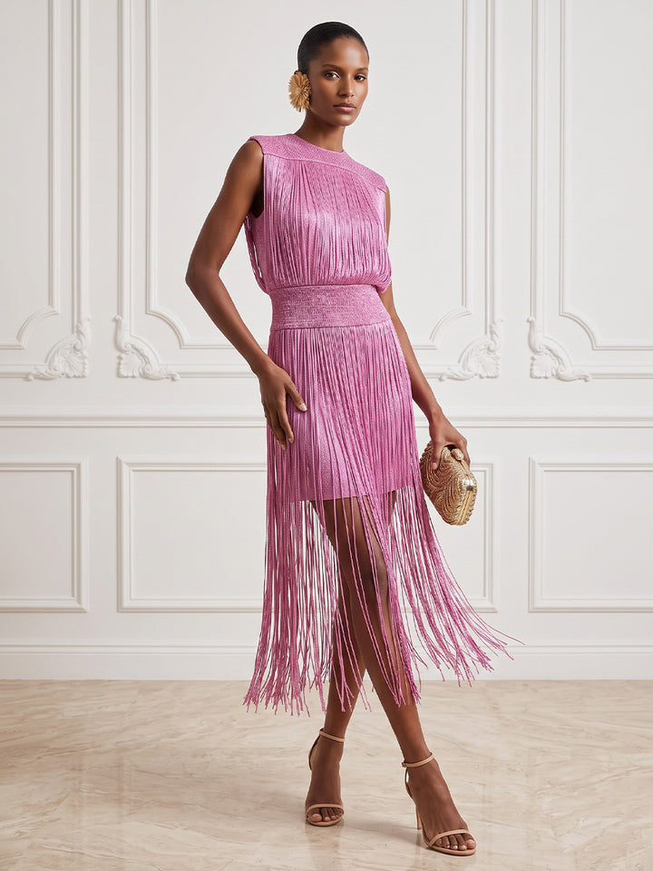 Satin Sheath Round Neck Tea Length Tassels Cocktail Dresses