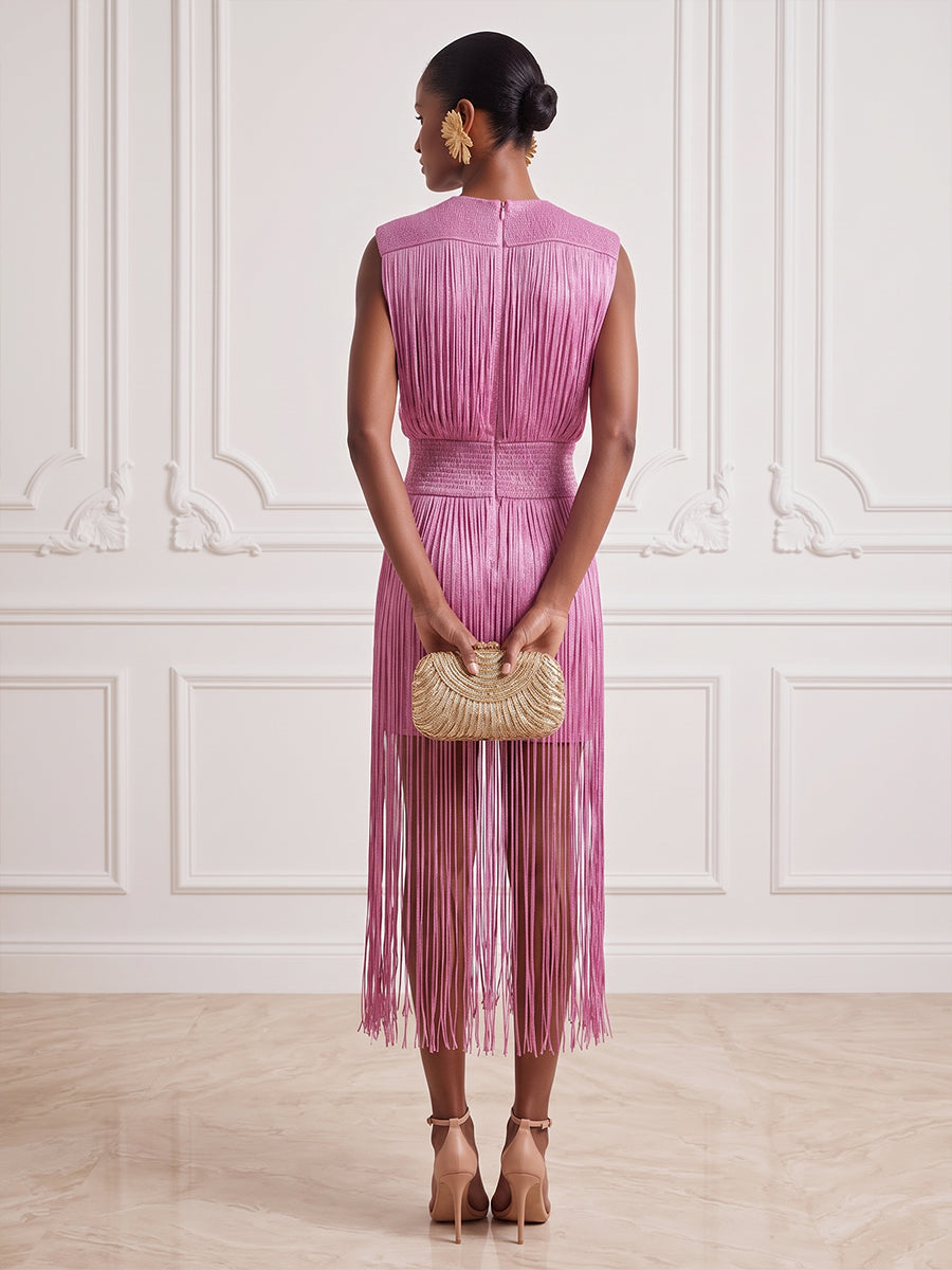 Satin Sheath Round Neck Tea Length Tassels Cocktail Dresses