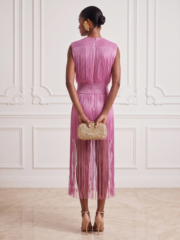 Satin Sheath Round Neck Tea Length Tassels Cocktail Dresses