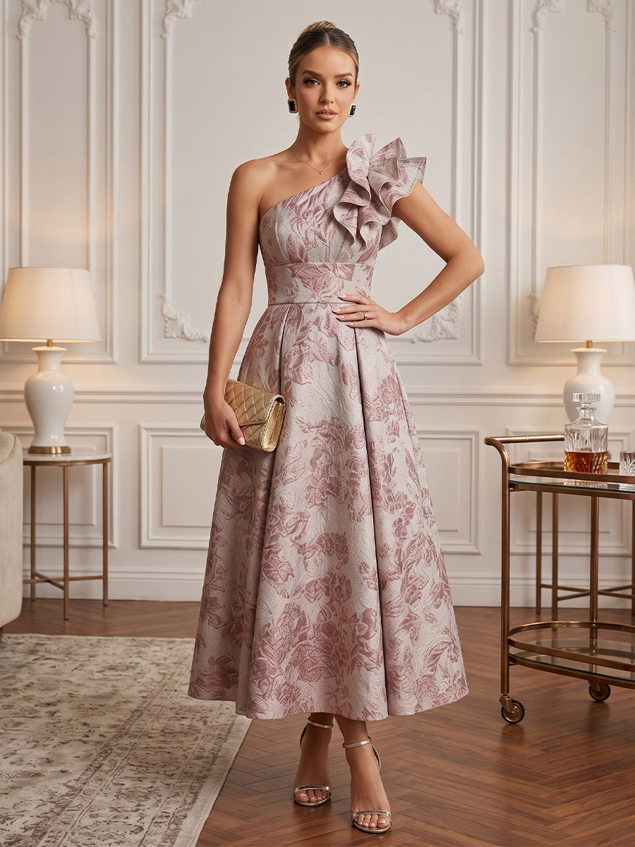 Satin Jacquard A Line One Shoulder Tea Length Ruffles Cocktail Dresses