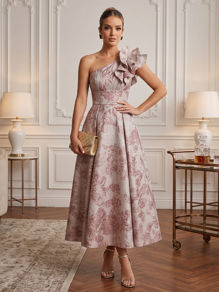 Satin Jacquard A Line One Shoulder Tea Length Ruffles Cocktail Dresses