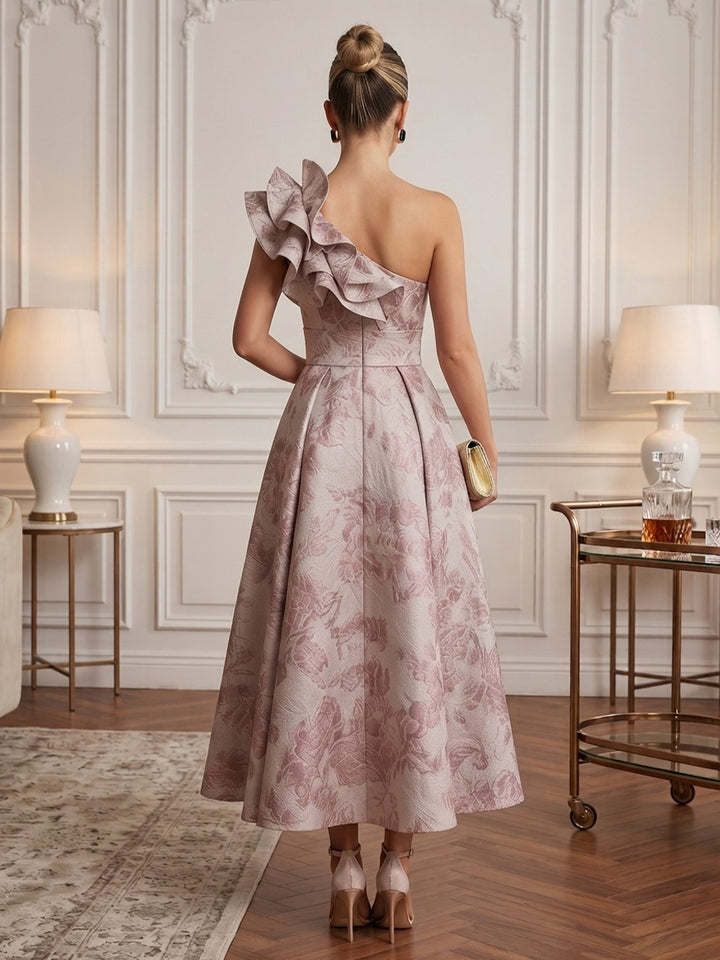Satin Jacquard A Line One Shoulder Tea Length Ruffles Cocktail Dresses