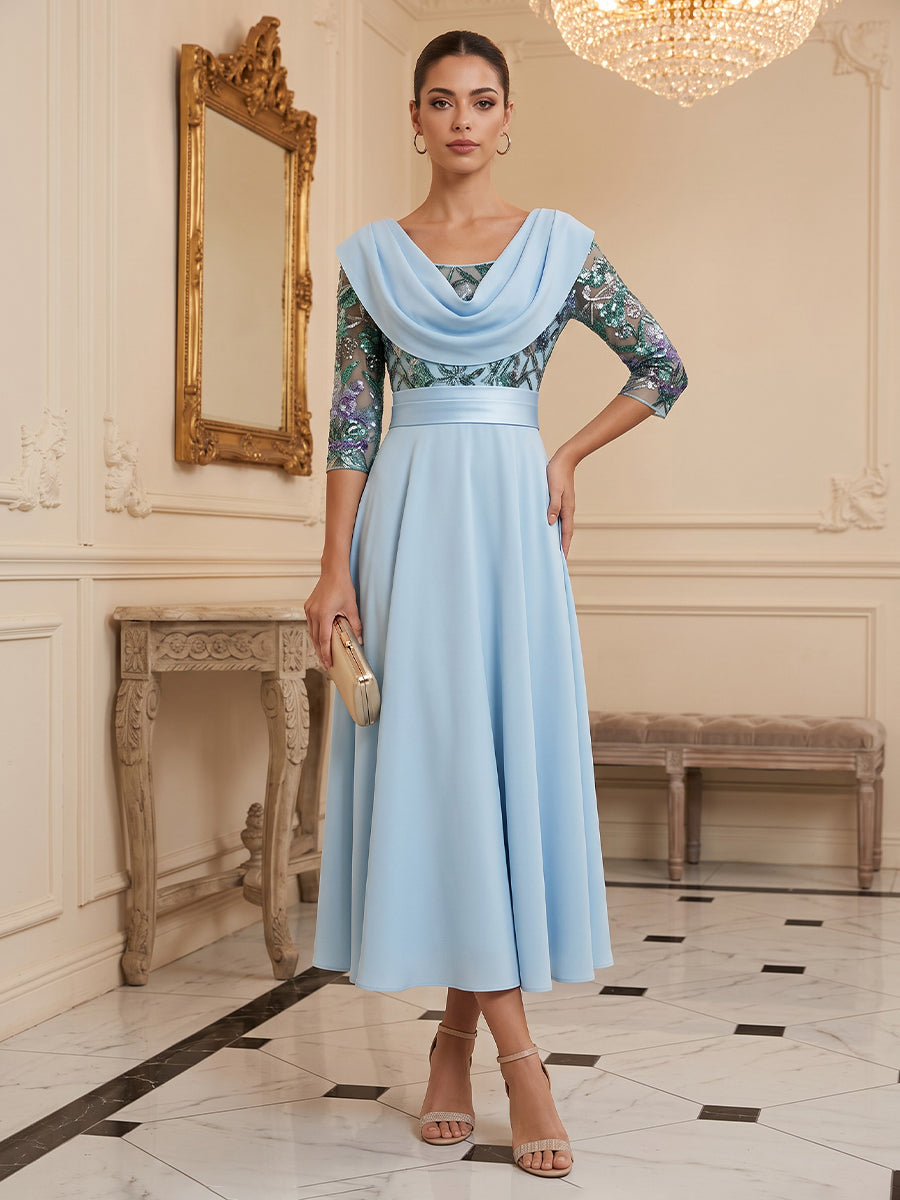 Sequin A Line Cowl Neck Tea Length Glitter Cocktail Dresses
