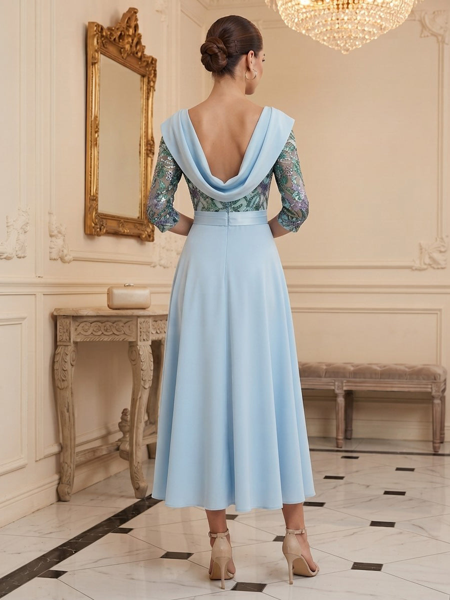 Sequin A Line Cowl Neck Tea Length Glitter Cocktail Dresses
