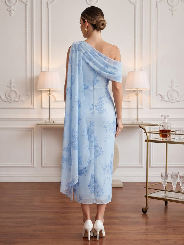 Chiffon Sheath One Shoulder Tea Length Floral Print Cocktail Dresses