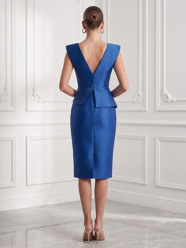 Satin Sheath V Neck Tea Length Peplum Beaded Cocktail Dresses