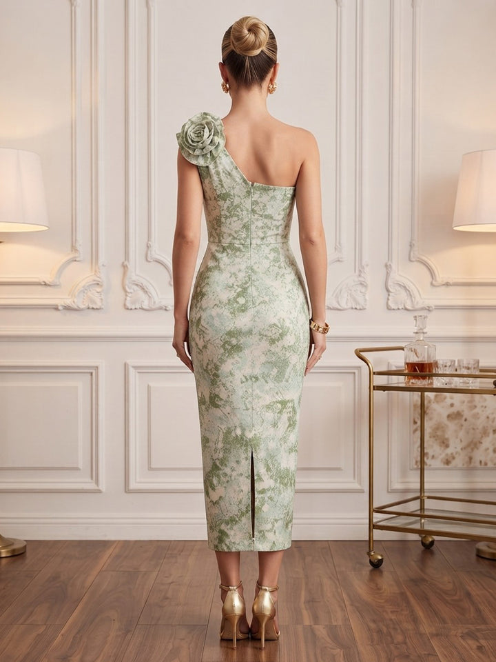Satin Sheath One Shoulder Tea Length Floral Print Cocktail Dresses