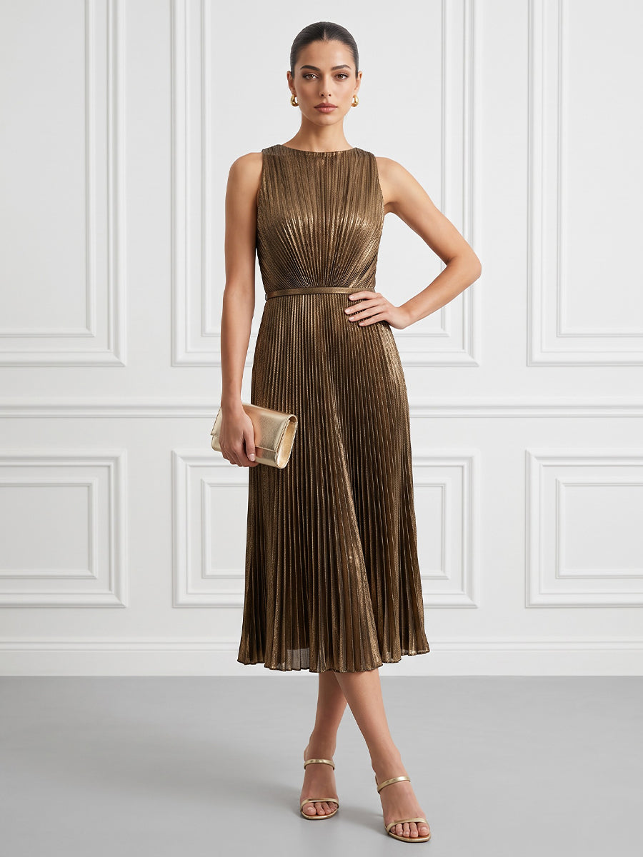 Metallic Fabric A Line Jewel Neck Tea Length Pleats Cocktail Dresses
