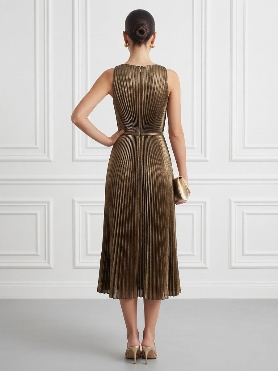 Metallic Fabric A Line Jewel Neck Tea Length Pleats Cocktail Dresses