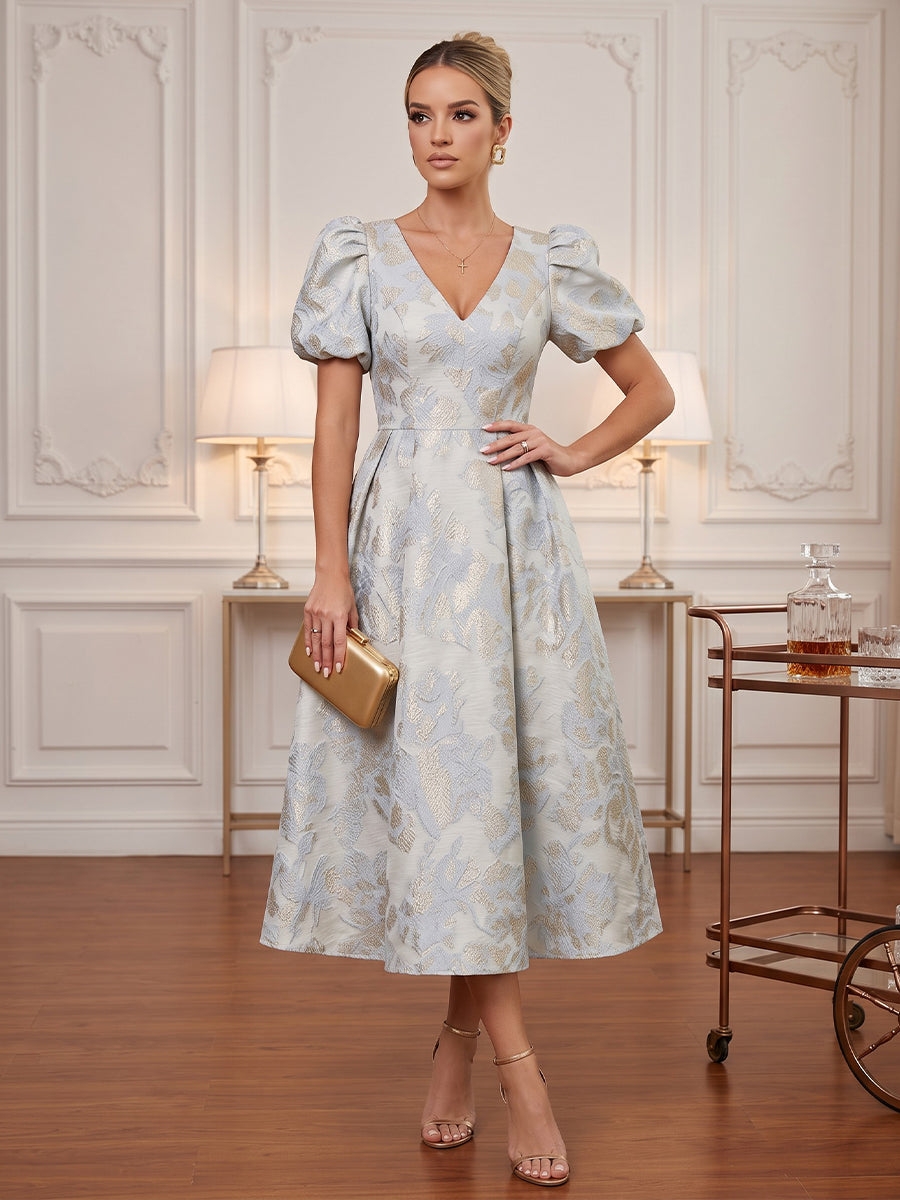 Satin Jacquard A Line V Neck Tea Length Puff Sleeve Cocktail Dresses