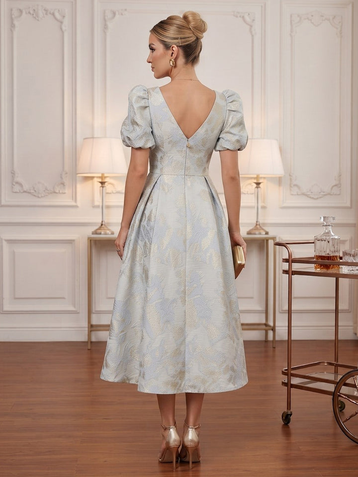 Satin Jacquard A Line V Neck Tea Length Puff Sleeve Cocktail Dresses