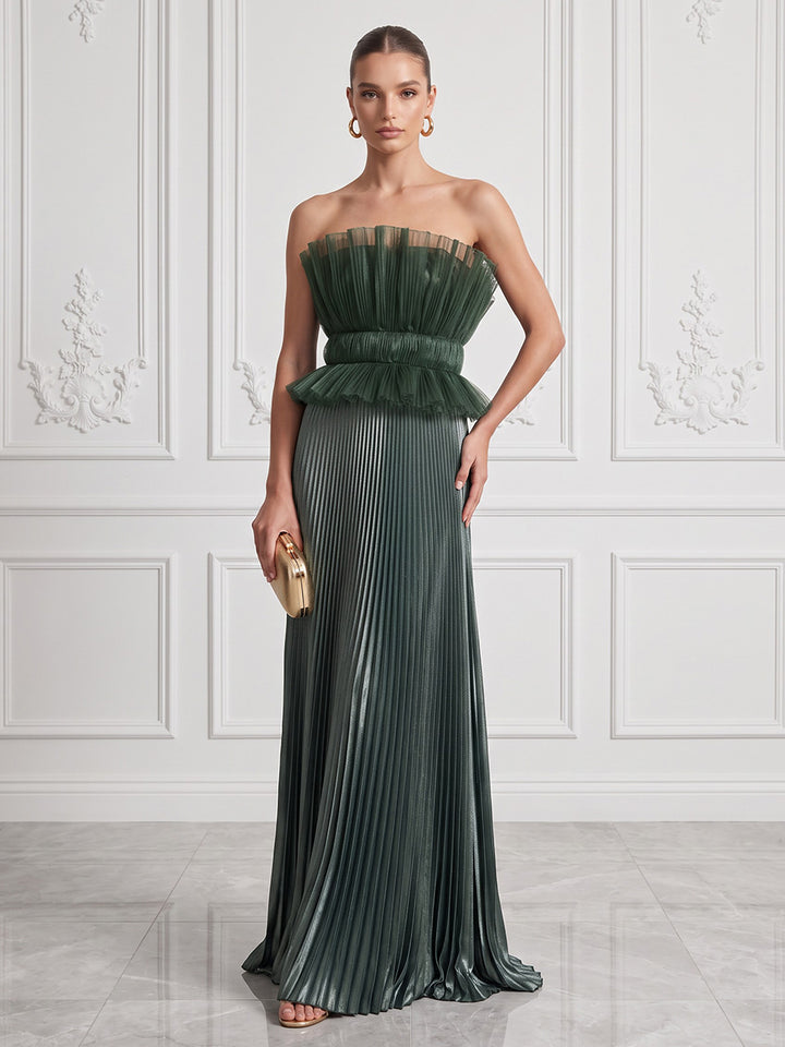 Satin A Line Strapless Floor Length Metallic Cocktail Dresses