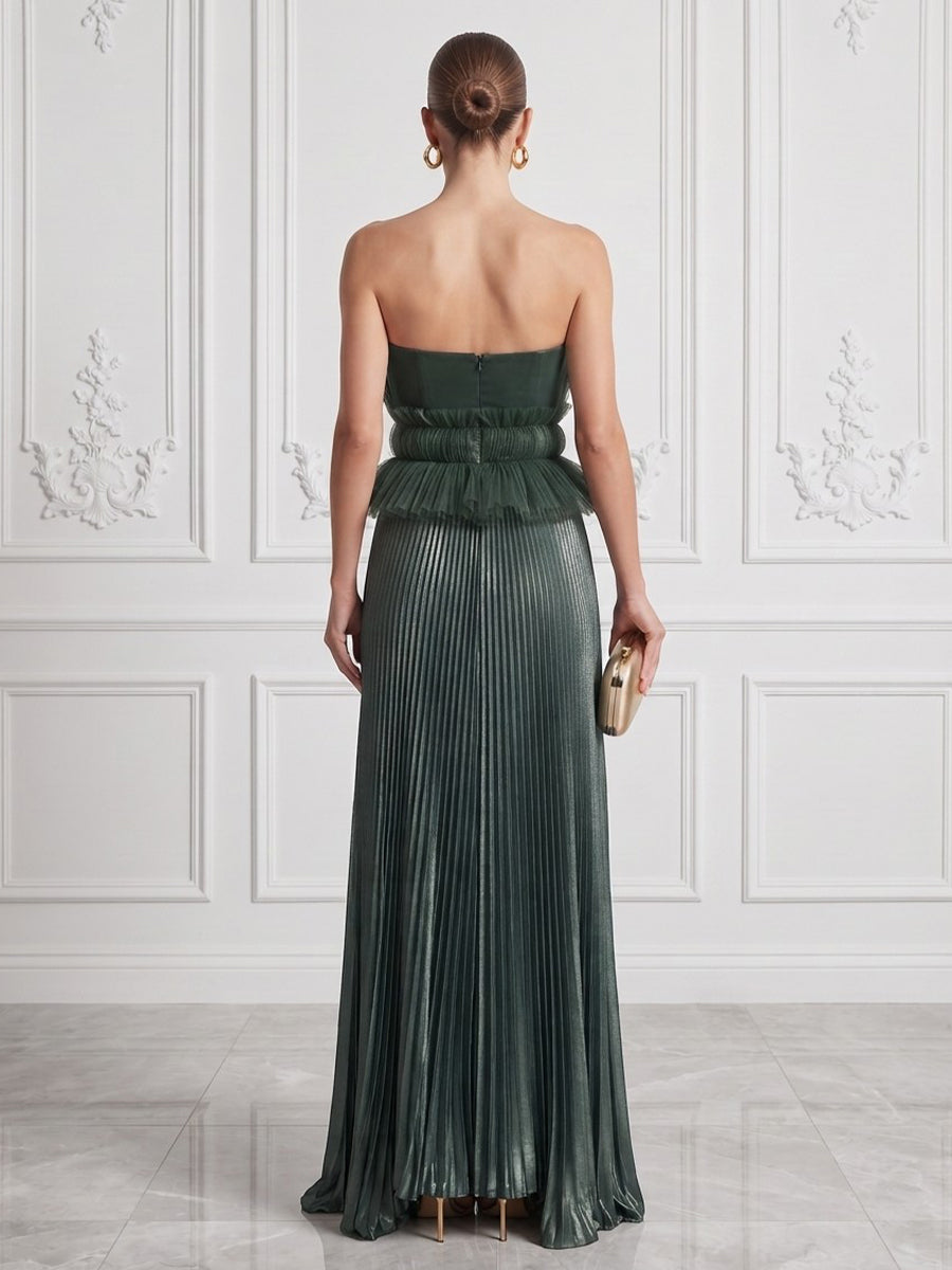Satin A Line Strapless Floor Length Metallic Cocktail Dresses