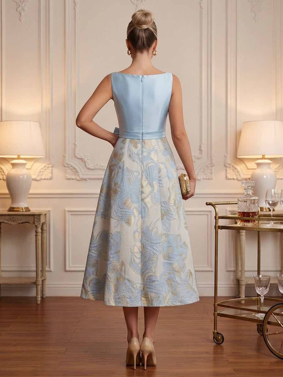 Satin Jacquard A Line Jewel Neck Tea Length Floral Cocktail Dresses