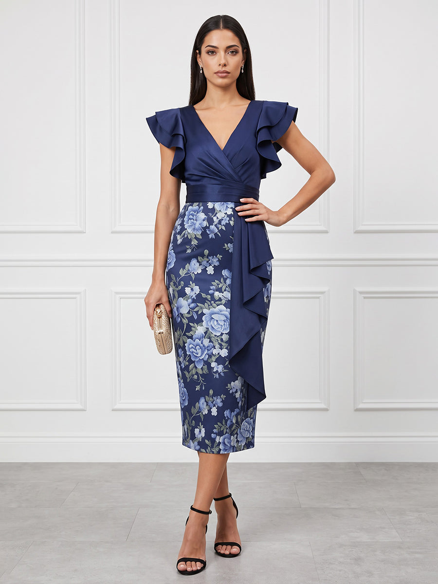 Satin Sheath V Neck Tea Length Ruffles Cocktail Dresses