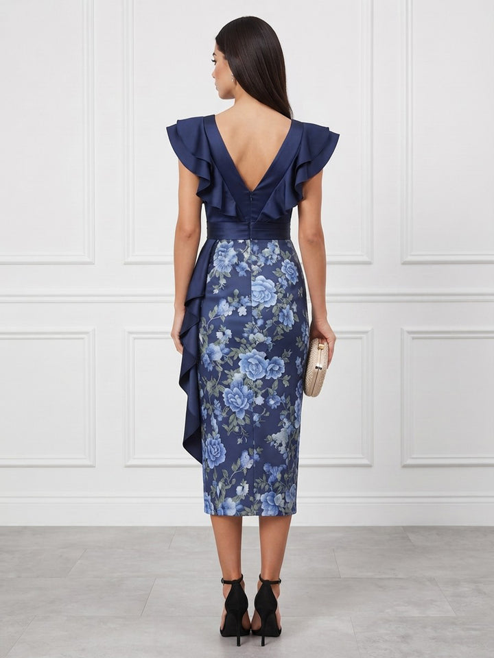 Satin Sheath V Neck Tea Length Ruffles Cocktail Dresses