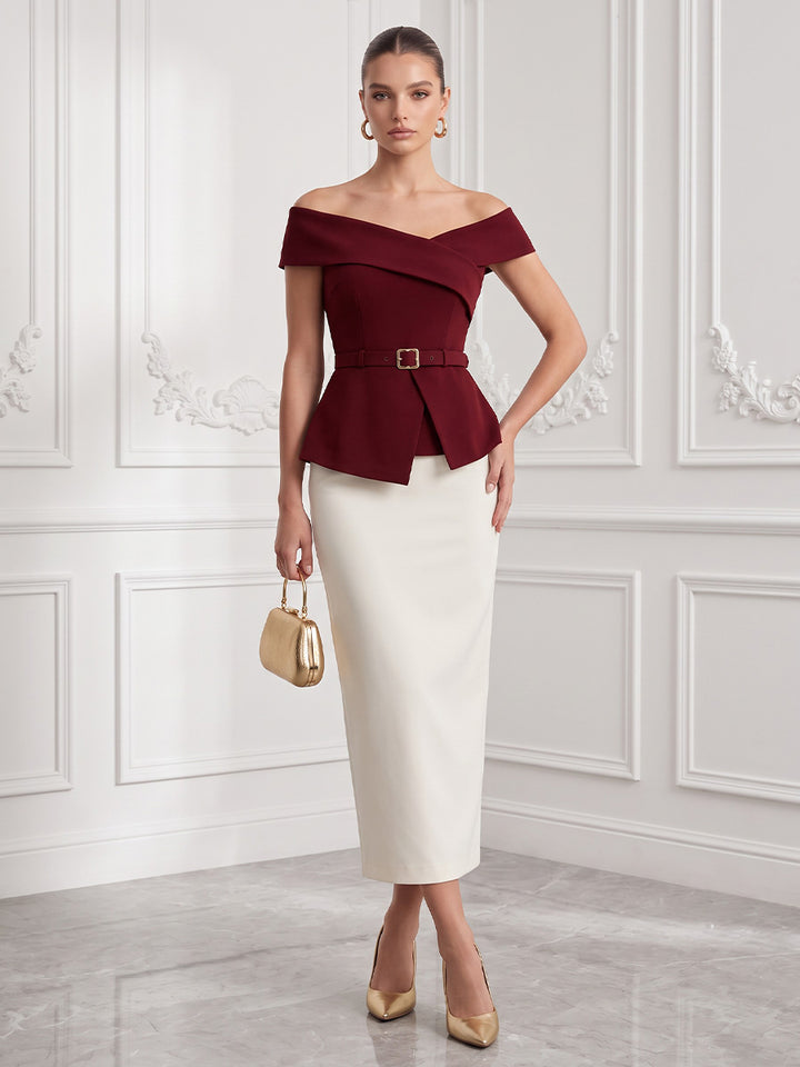Satin Sheath Off the Shoulder Tea Length Color Blocked Cocktail Dresses