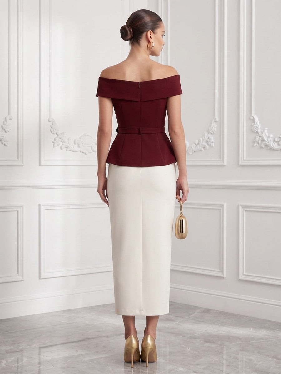 Satin Sheath Off the Shoulder Tea Length Color Blocked Cocktail Dresses