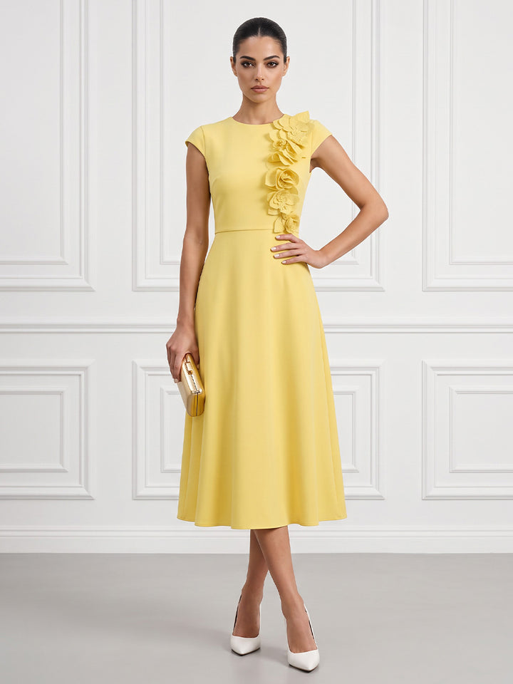 Satin A Line Round Neck Tea Length Fitted Waist Cocktail Dresses