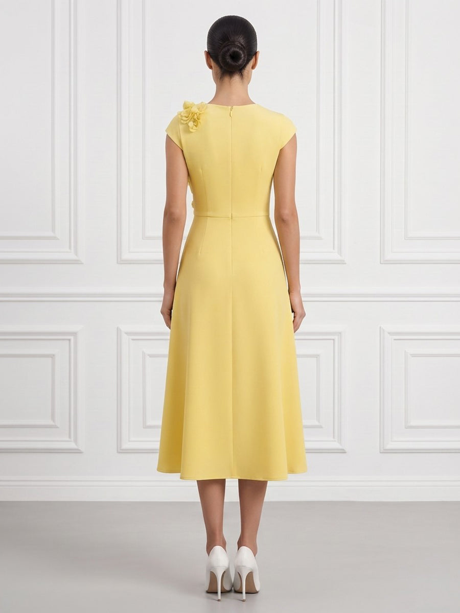 Satin A Line Round Neck Tea Length Fitted Waist Cocktail Dresses
