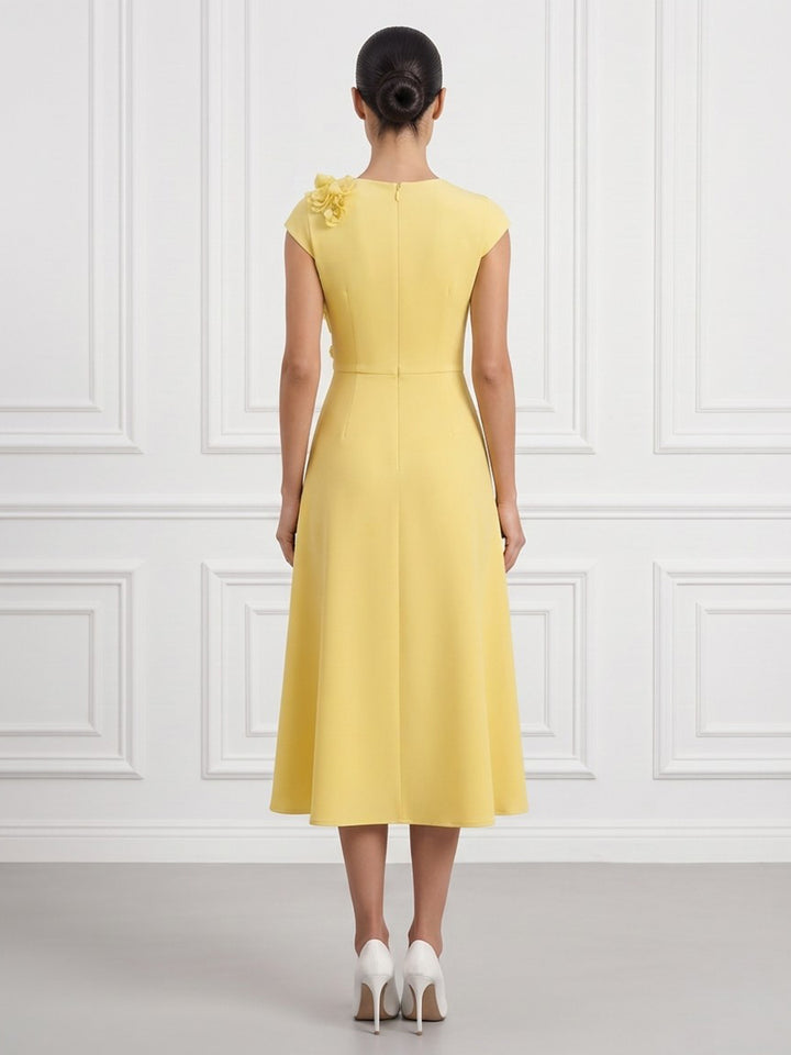 Satin A Line Round Neck Tea Length Fitted Waist Cocktail Dresses