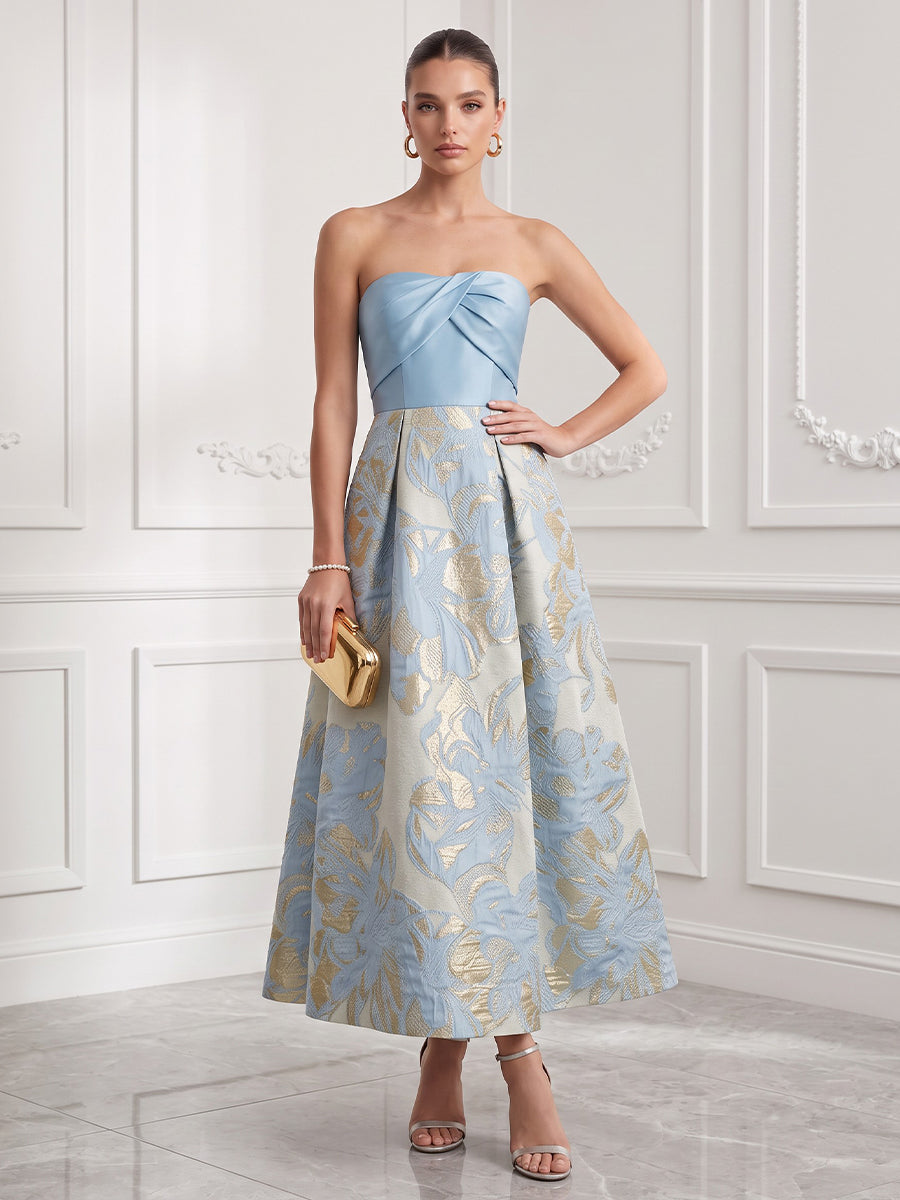 Satin Jacquard A Line Strapless Ankle Length Floral Cocktail Dresses