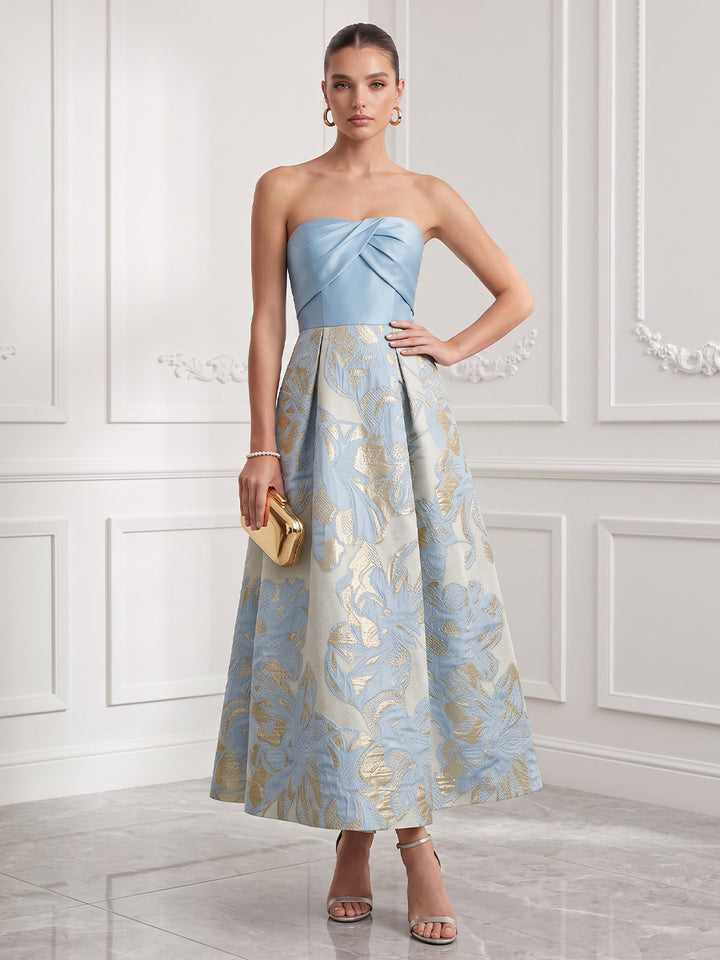 Satin Jacquard A Line Strapless Ankle Length Floral Cocktail Dresses