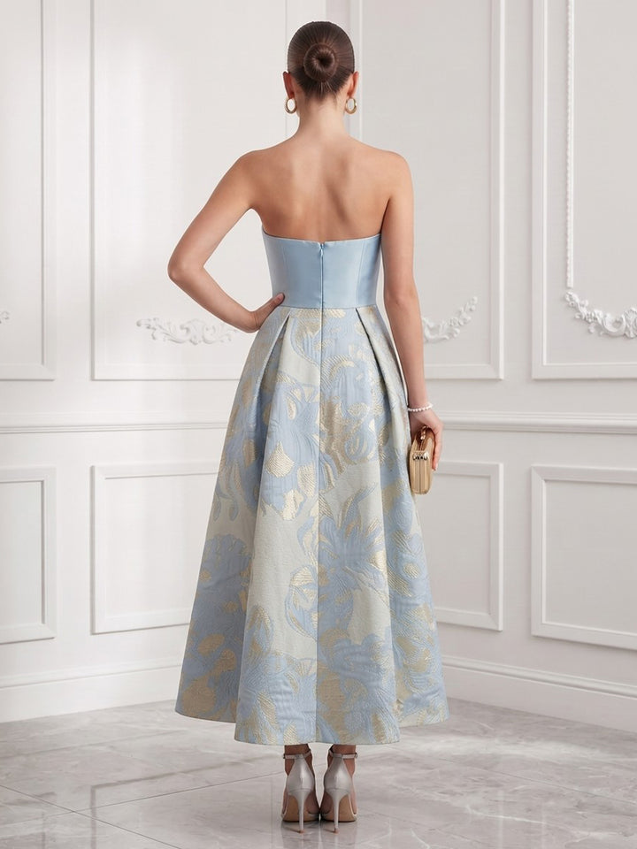 Satin Jacquard A Line Strapless Ankle Length Floral Cocktail Dresses