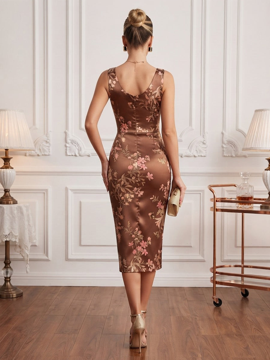 Satin Sheath Asymmetric Neck Tea Length Floral Print Cocktail Dresses