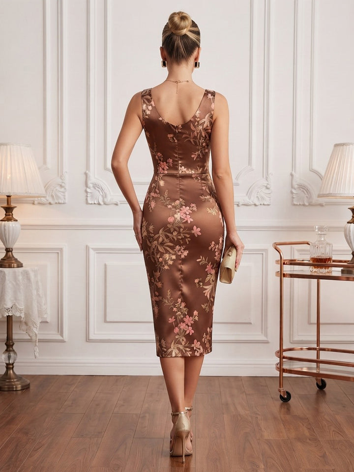 Satin Sheath Asymmetric Neck Tea Length Floral Print Cocktail Dresses