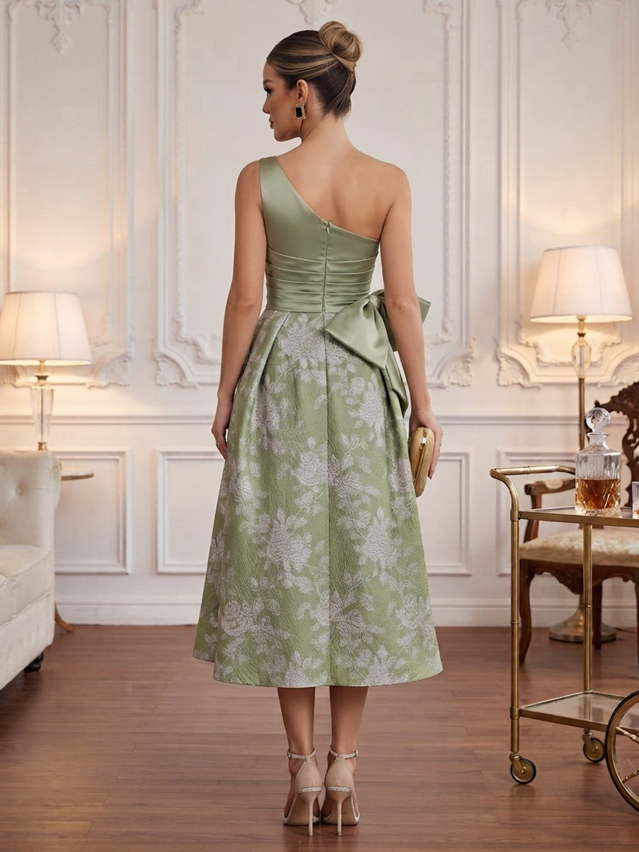 Satin A Line One Shoulder Tea Length Ruched Cocktail Dresses