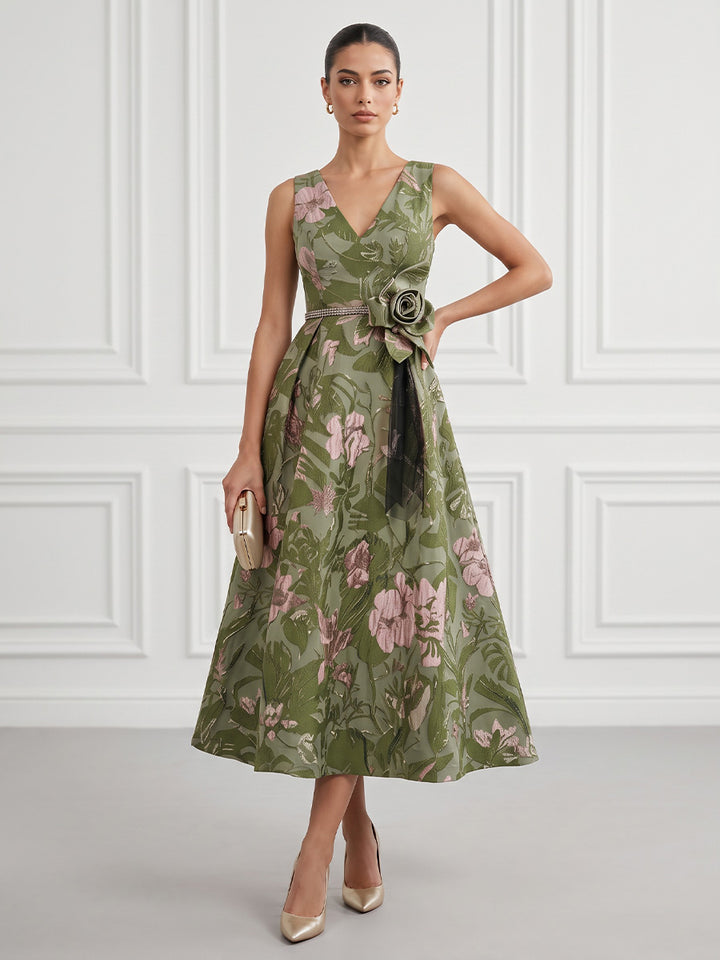 Satin A Line V Neck Tea Length Jacquard Cocktail Dresses