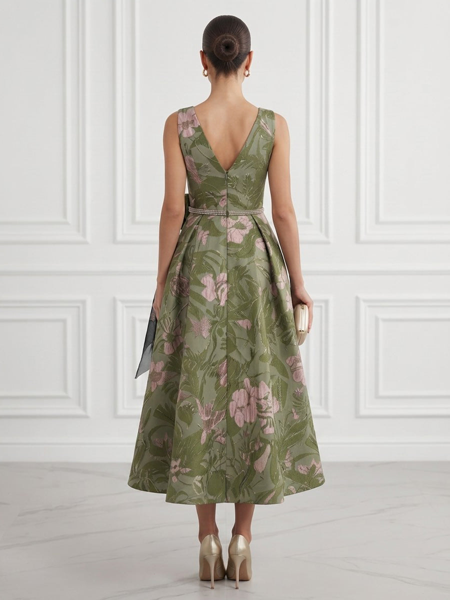 Satin A Line V Neck Tea Length Jacquard Cocktail Dresses