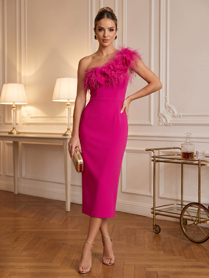 Satin Sheath One Shoulder Tea Length Feather Cocktail Dresses