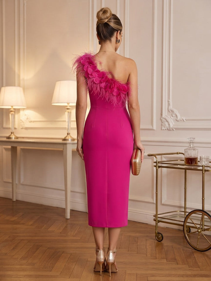 Satin Sheath One Shoulder Tea Length Feather Cocktail Dresses
