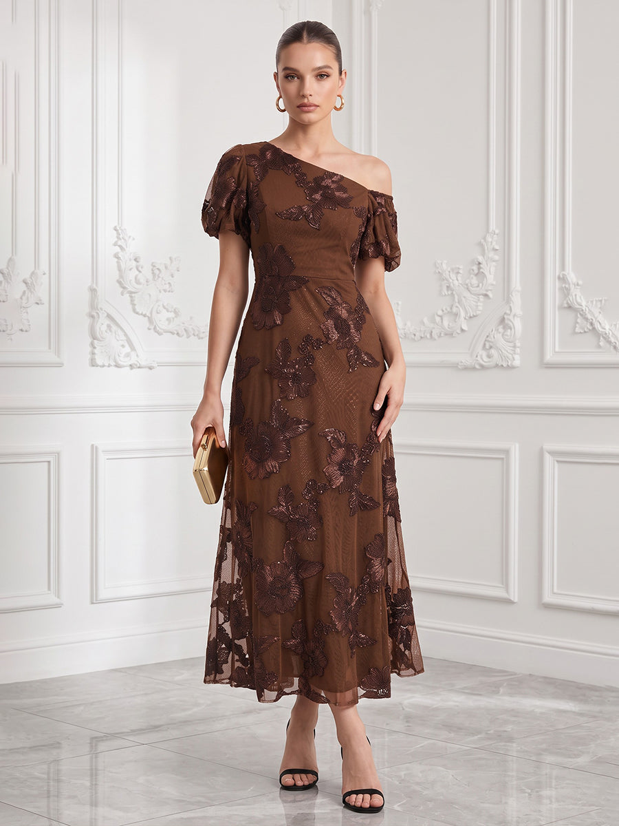 Tulle A Line One Shoulder Ankle Length Floral Embroidery Cocktail Dresses