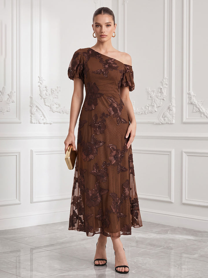 Tulle A Line One Shoulder Ankle Length Floral Embroidery Cocktail Dresses
